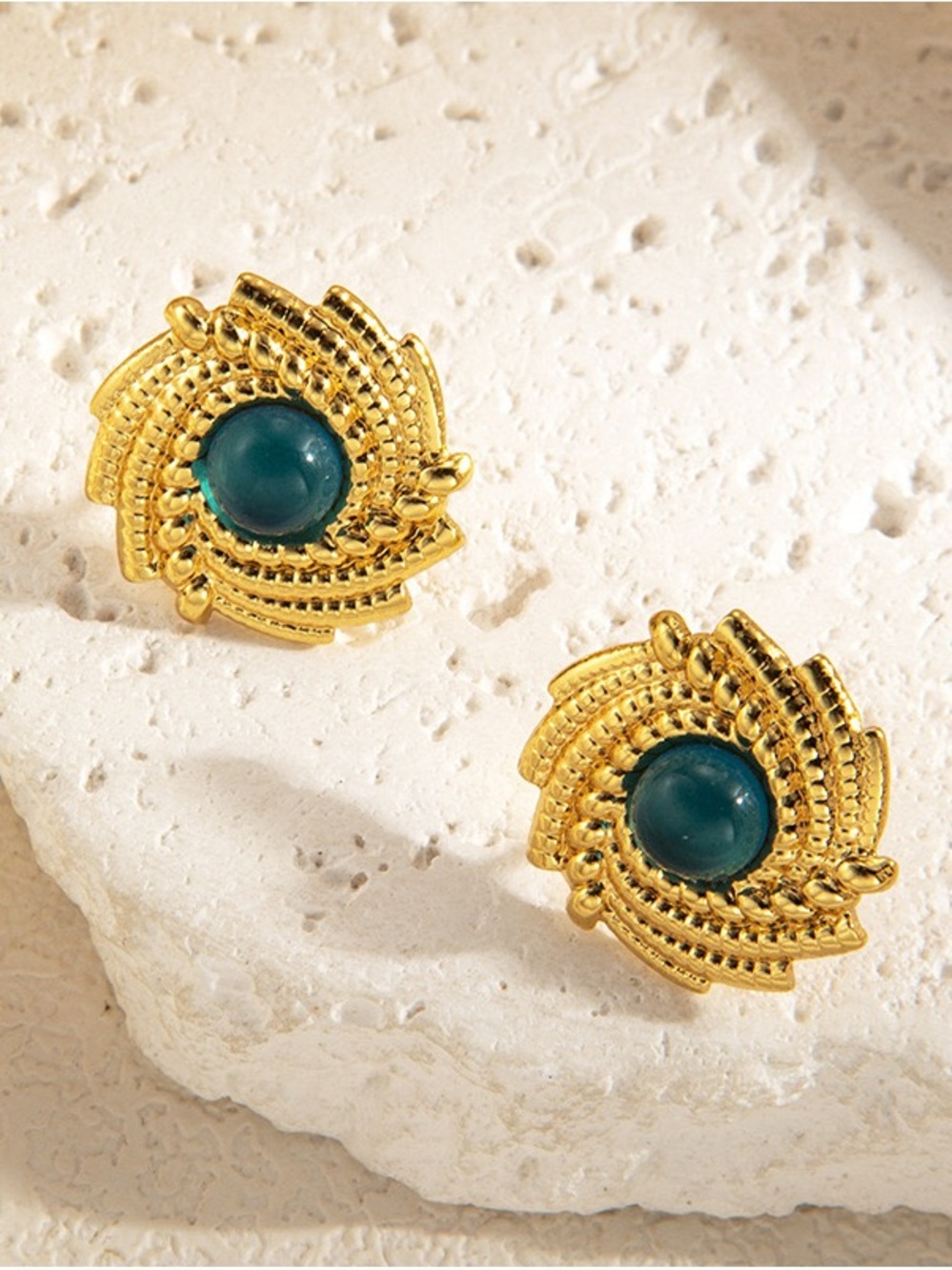 Stainless Steel Gold-Tone Earrings with Teal Center Stone